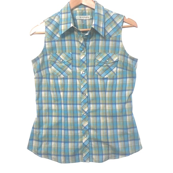 Roper Sleeveless Western Shirt Womens Small Turquoise Plaid Snap Front Pockets - Picture 1 of 8